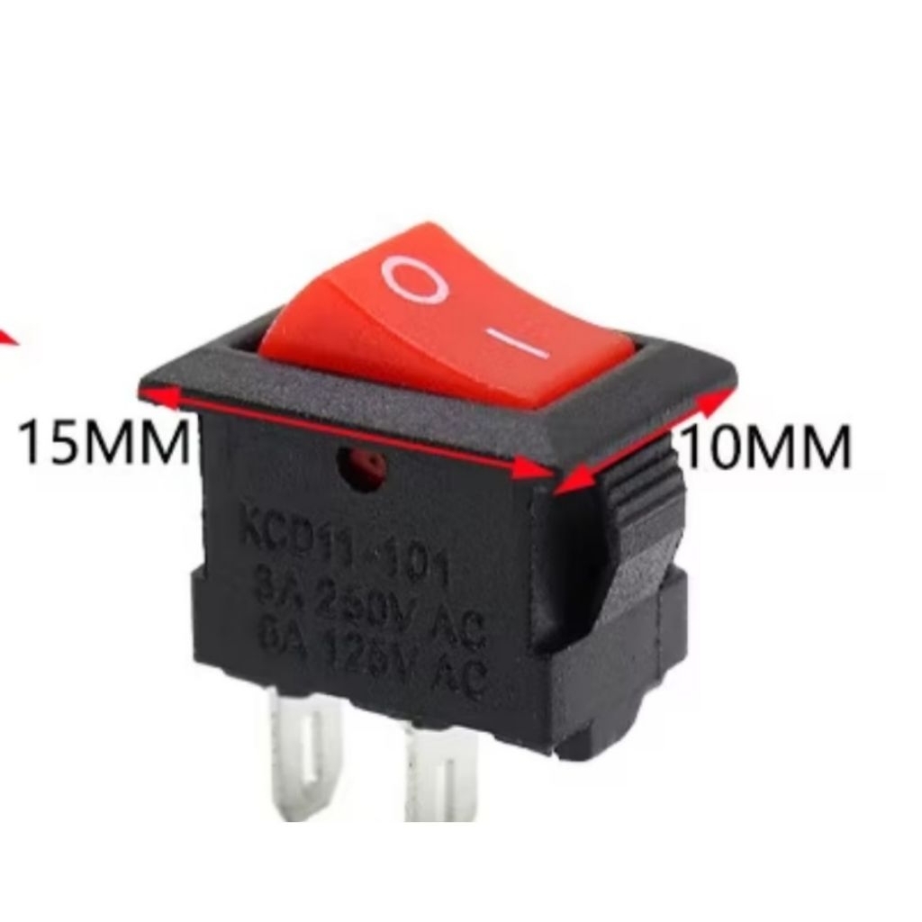 Saklar Rocker Mini 10x15mm - ON/OFF 2 Pin, Warna Merah, Kaki Merah
