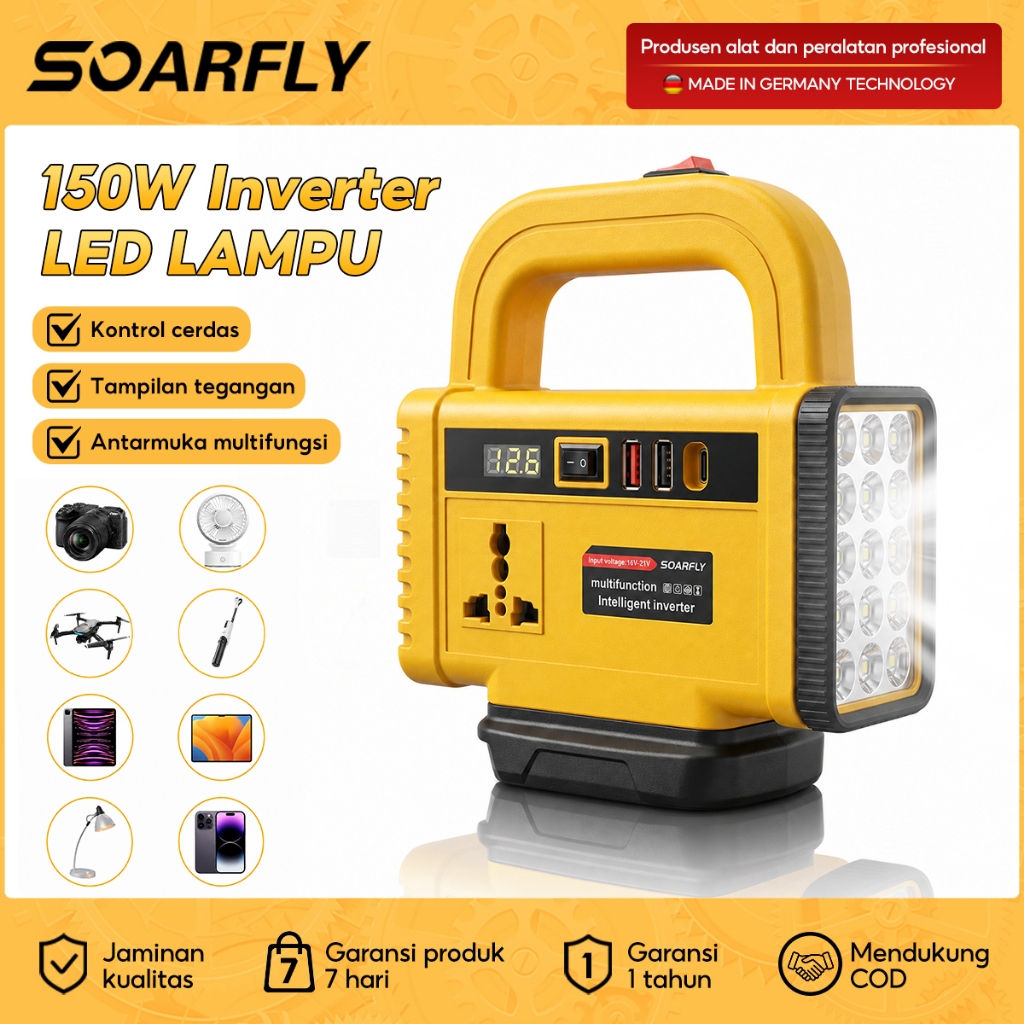 SOARFLY Inverter Portabel 150W DC21V AC220V, ada lampu LED darurat Mini Smart Inverter 3 Port USB, D