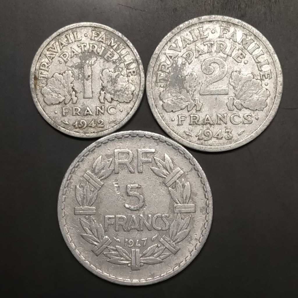 Set Koin Kuno Prancis Alumunium 3 keping 1-2-5 Francs tahun 1940 an koleksi Numismatik