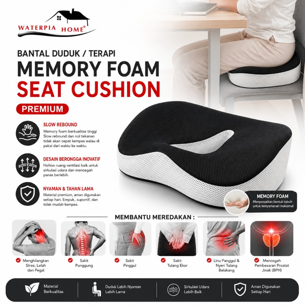 WATERPIAHOME Bantal Duduk / Terapi Memory Foam Seat Cushion Premium