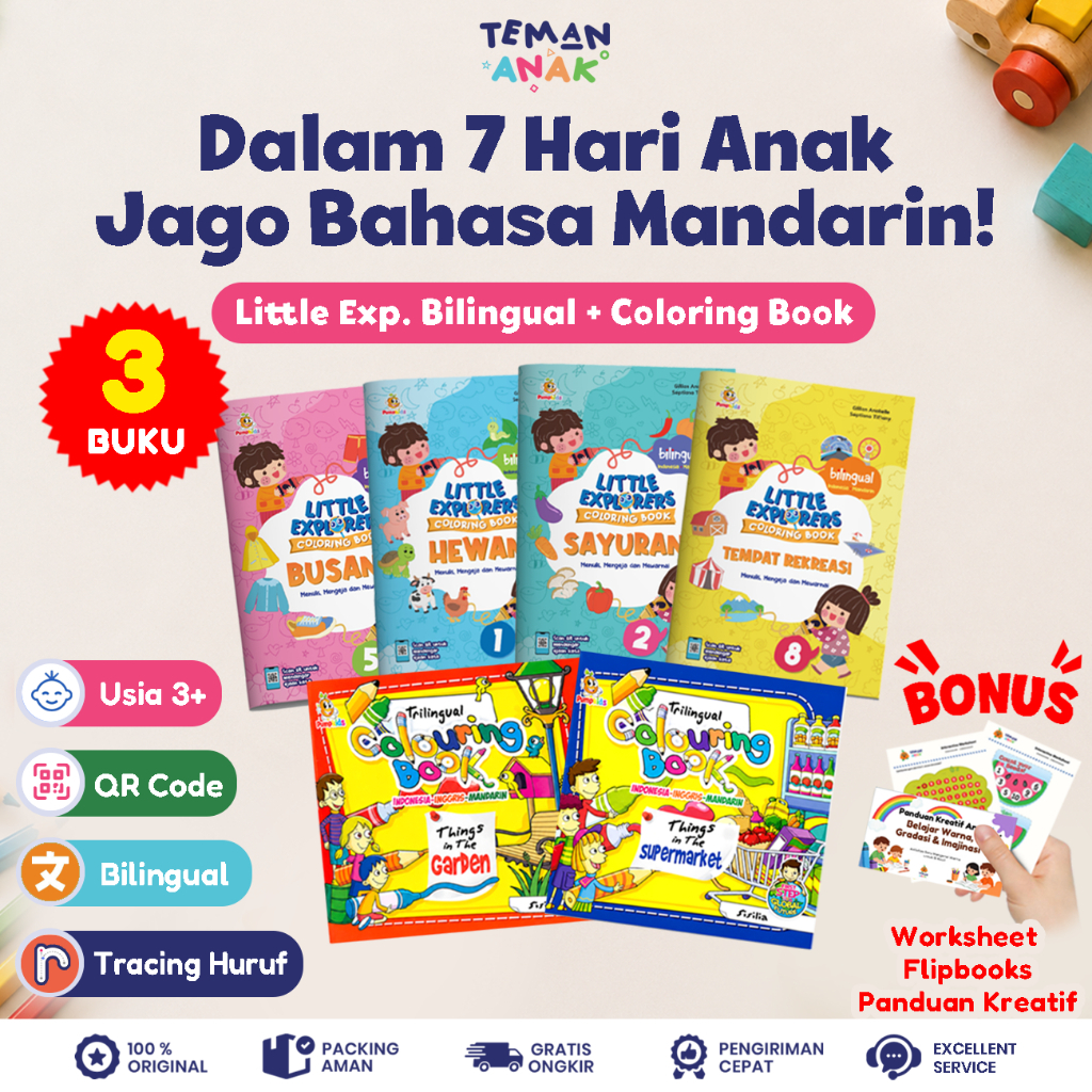 Bundling 3 Buku Belajar Mandarin Anak & Trilingual Colouring Book | Bahasa Indonesia Inggris Mandari
