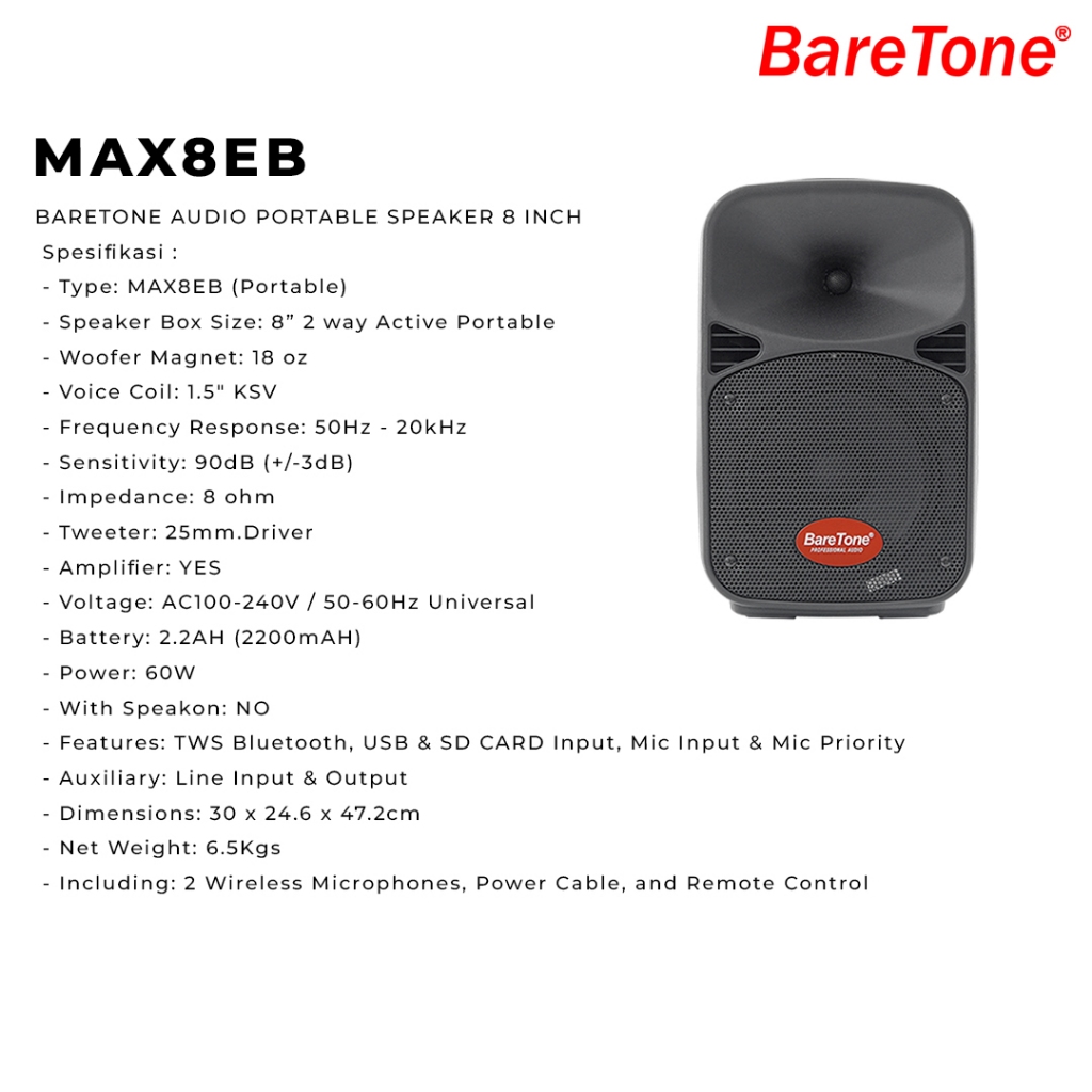 BARETONE Speaker MAX8EB Audio Bluetooth Woofer 8 inci 60 Watt
