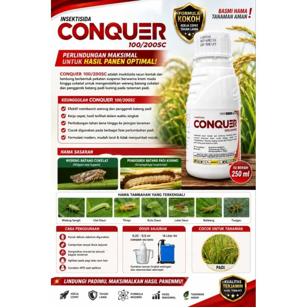 CONQUER 100/200SC – Insektisida Ampuh Basmi Wereng & Penggerek Batang Padi | Formula Kerja Cepat, Pe