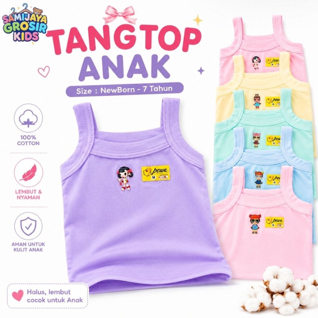 6 Pcs Singlet Karakter Anak Perempuan - Kaos Dalam Katun Cewek TK Kekinian / Tangtop Fashion & Kado 