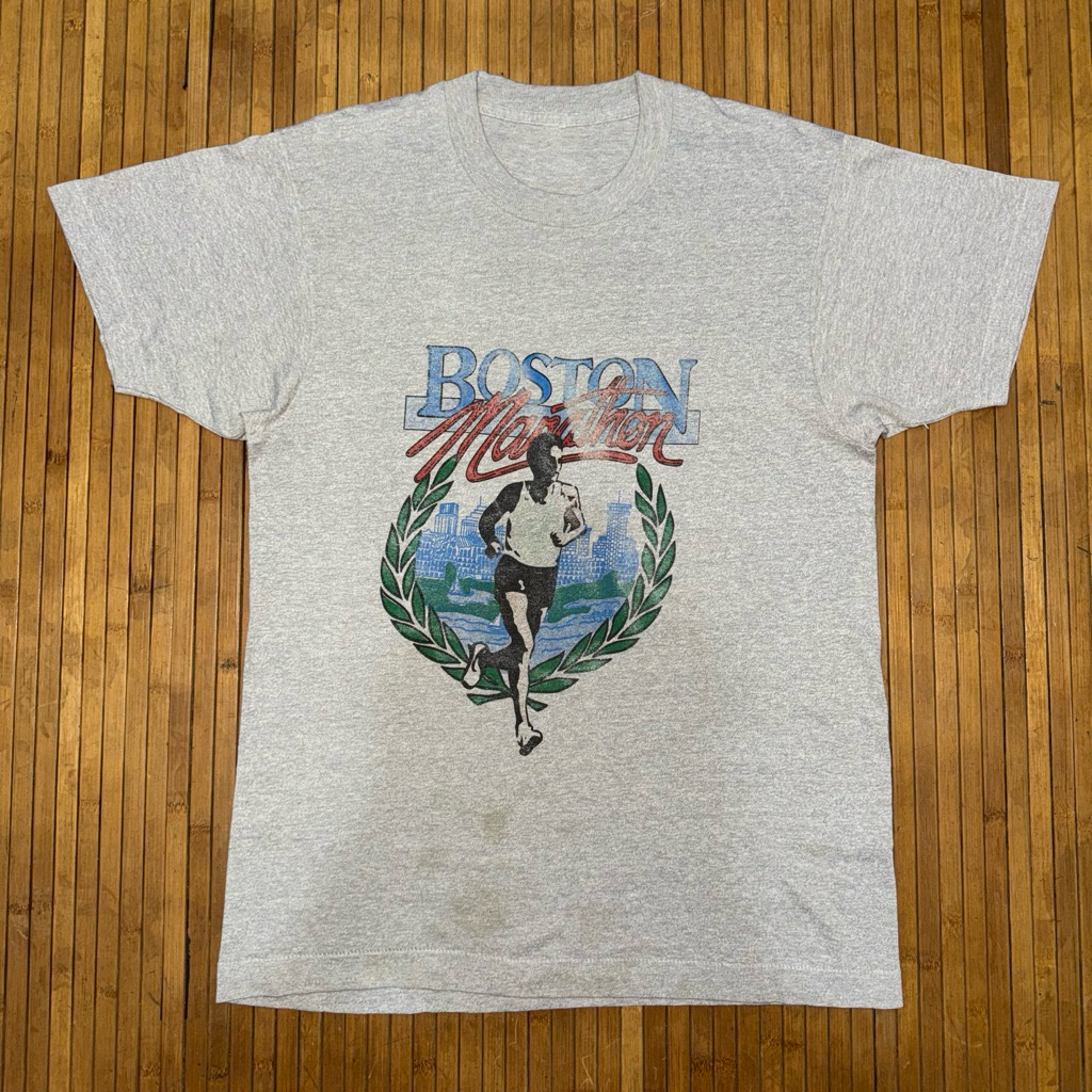 VINTAGE 1980s 50:50 BOSTON MARATHON RUNNING GREY SHORT SLEEVE TSHIRT