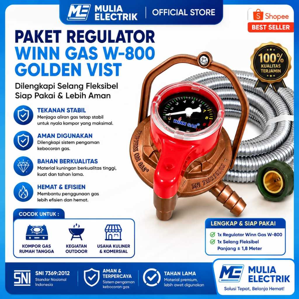 Paket Regulator Gas Winn Gas W-800 Golden Vist dengan Selang Fleksibel 1,8 Meter