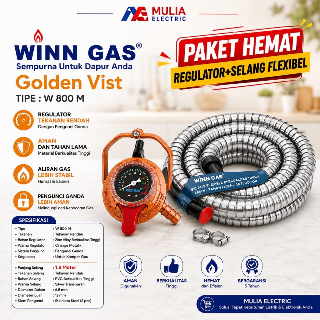 Regulator Winn gas Double Lock Winn Gas W 800M GOLDEN VIST Eksklusif Dan Selang Gas Flexible SNI PRO