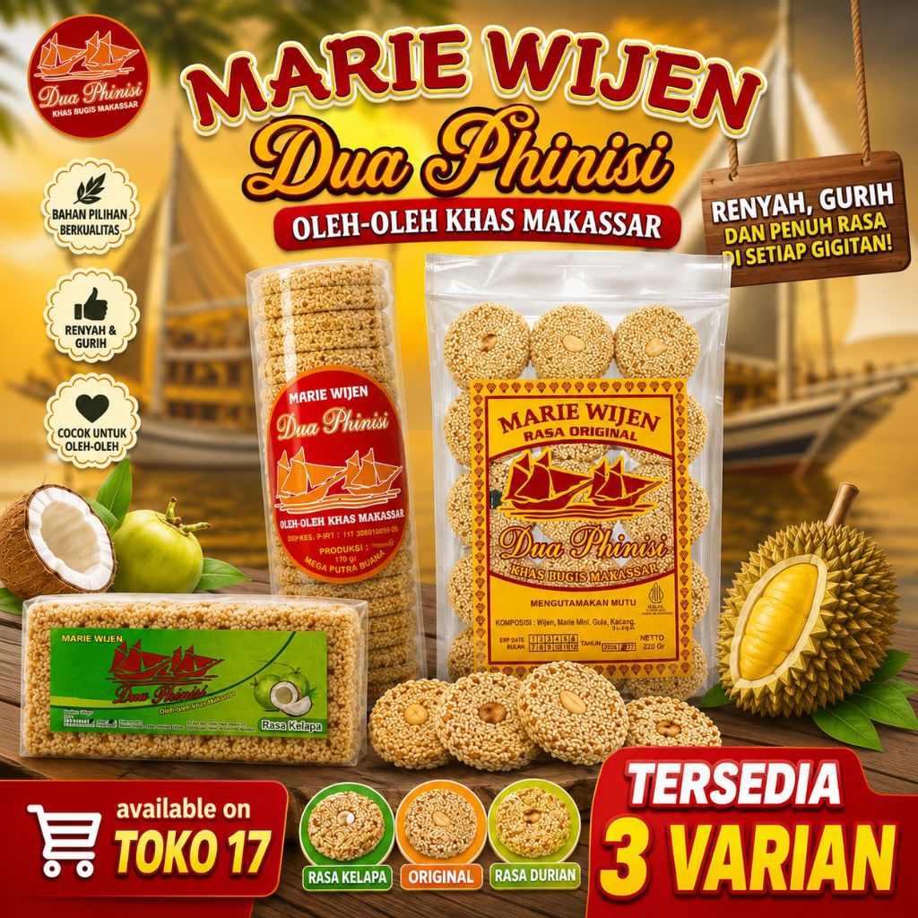 Marie Wijen Cap Dua Phinisi  Oleh Oleh Khas Makassar Rasa Original dan Rasa Durian dan Kelapa 150 Gr