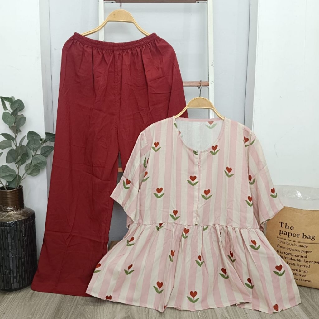 set ruffle kombo jumbo/ setelan baju hamil/ set baju hamil atasan pendek motif celana panjang/ onese