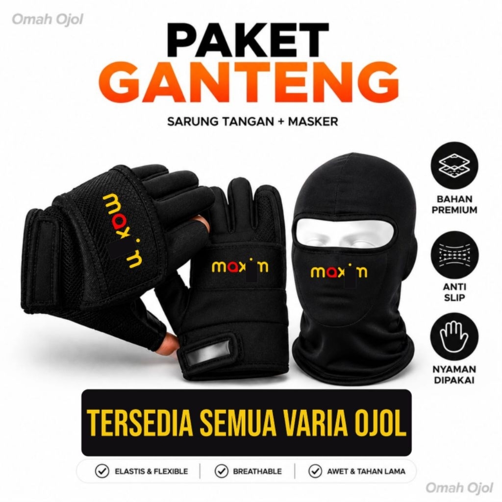 PAKET GANTENG MASKER BUFF DAN SARUNG TANGAN DUA JARI TERBUKA OJOL MAXIM GOO J3K / GREB / INDRIVER / 