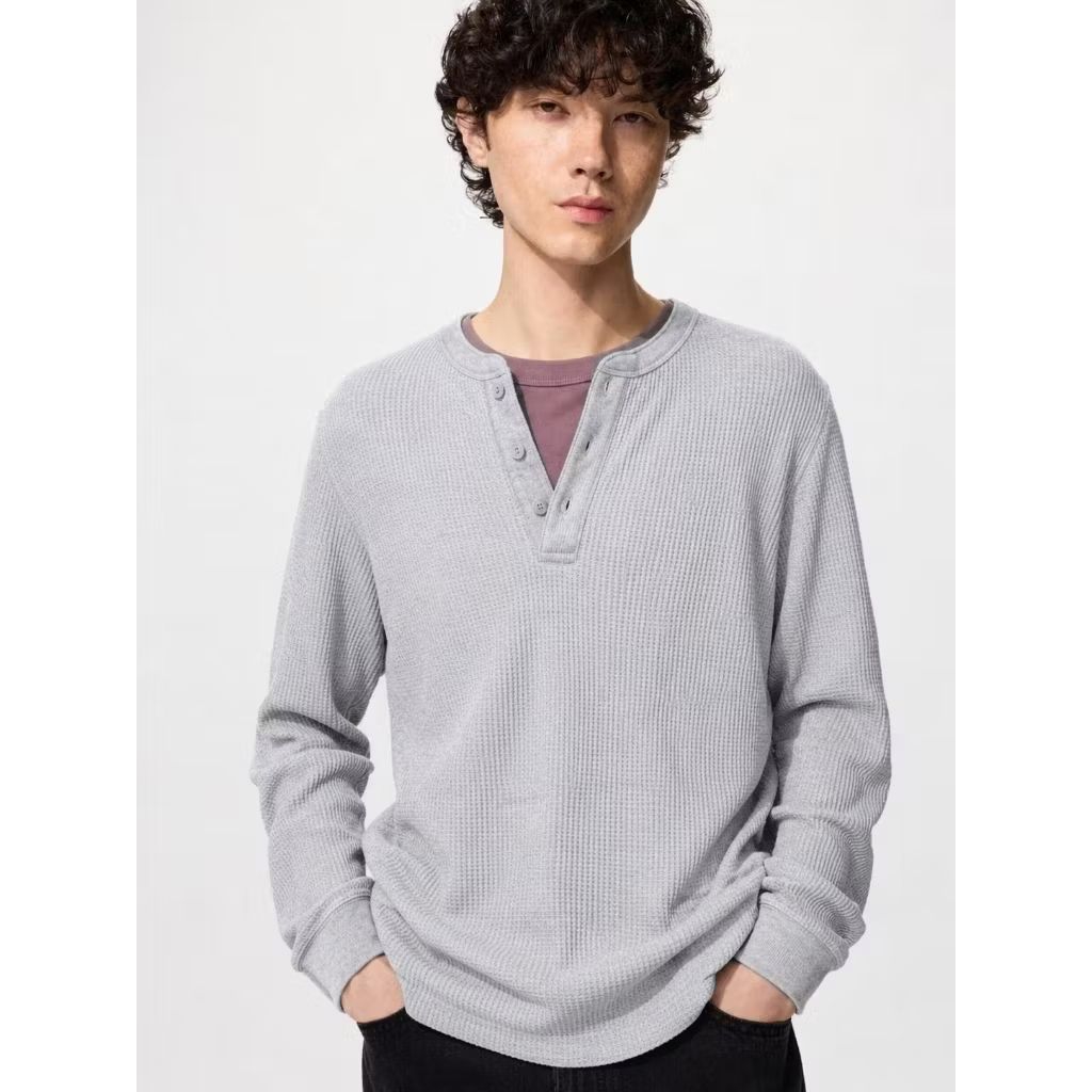 ORIGINAL WASH X UNIQLO WAFFLE KNIT T SHIRT KERAH HENLEY LONG SLEEVE UNISEX GREY LARGE