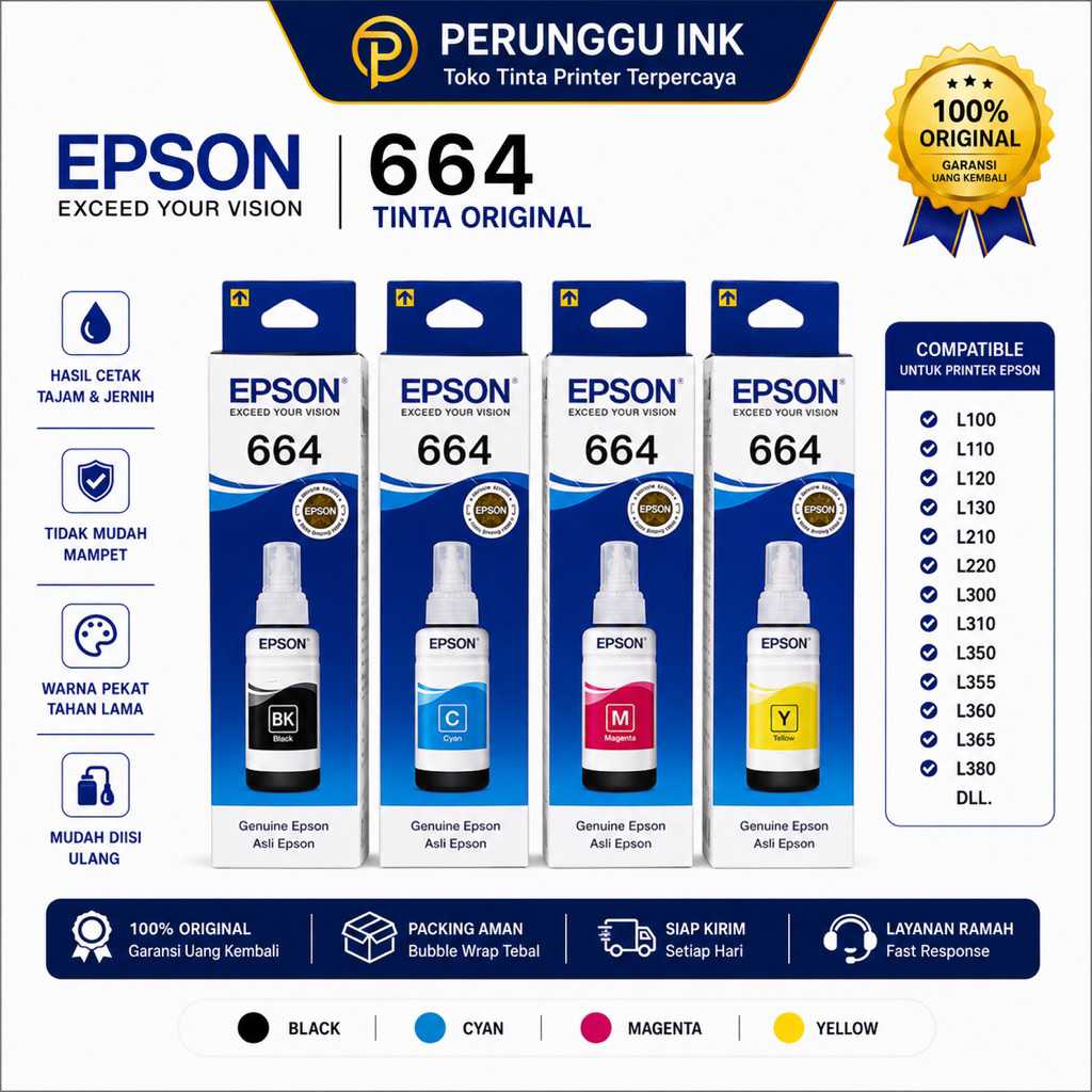 Tinta Epson 664 Original 1 Set 4 Warna / Satuan - Tinta Printer Epson L120 L360 L310 L220 L1300 Orig