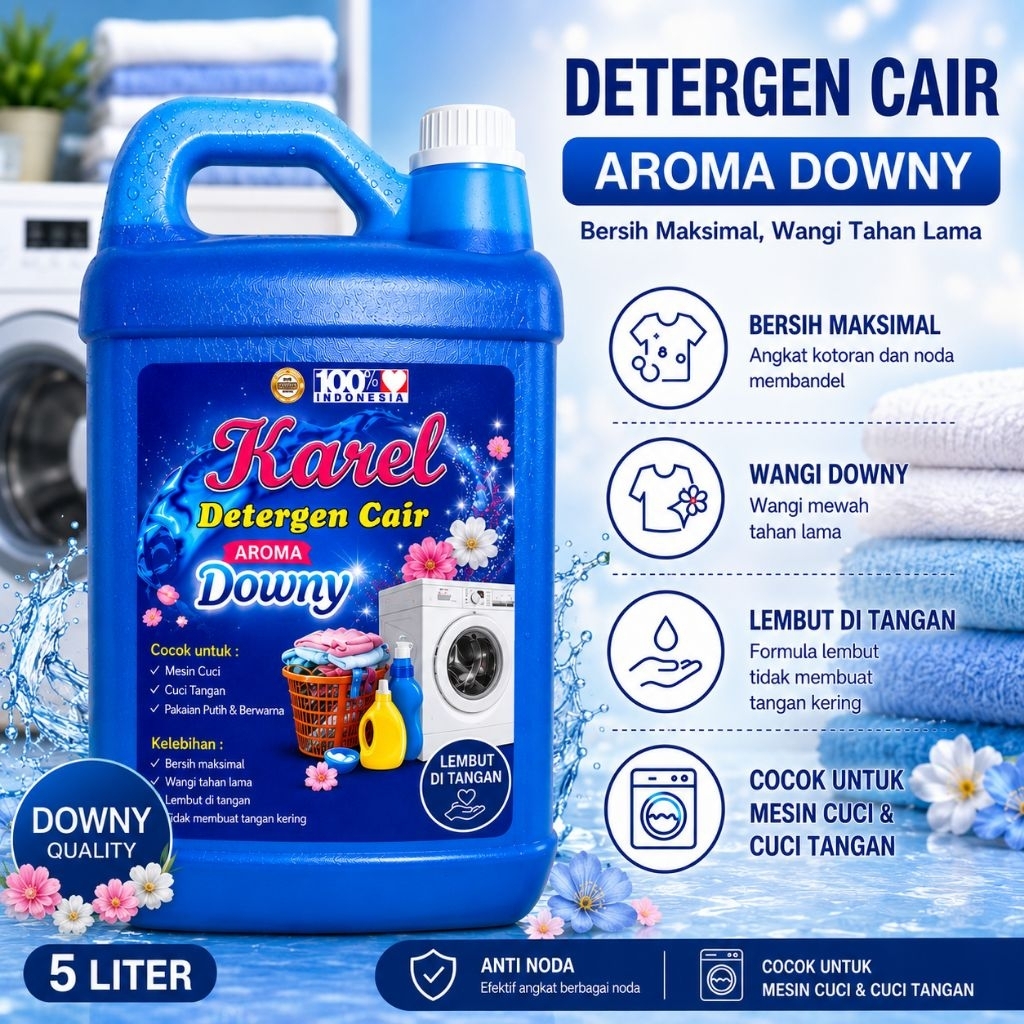 Karel Detergen Cair Aroma Downy 5 Liter | Wangi Tahan Lama, Bersih Maksimal, Cocok Mesin Cuci & Cuci