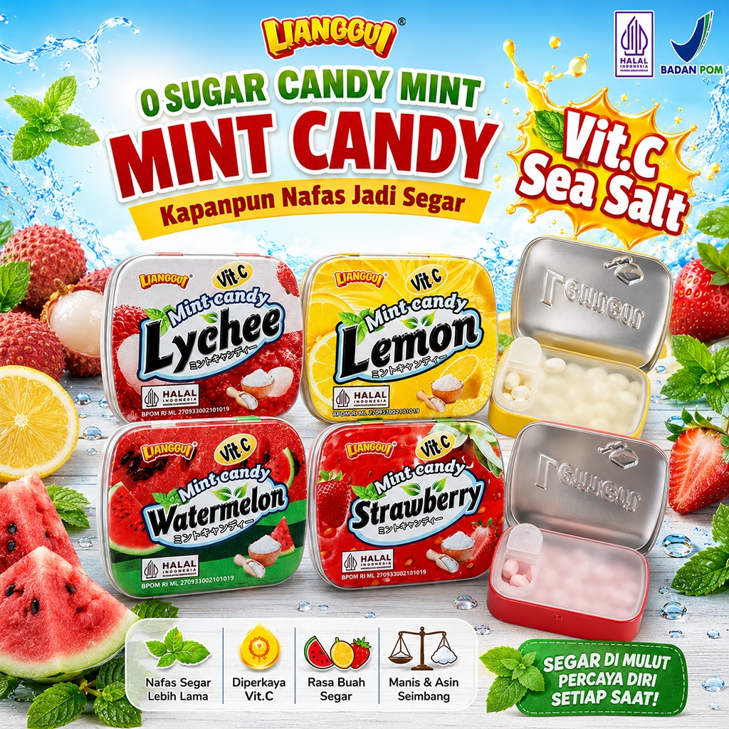LIANGGUI Permen Mint Bebas Gula Mengandung Vitamin C HALAL Banyak Varian Rasa Bikin Nafas Segar Tida