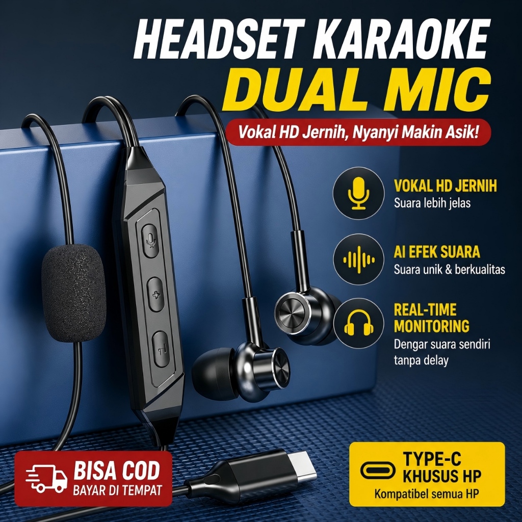 Headset Karaoke Type C Dual Mic Soundcard | Echo Reverb KTV + Voice Changer | Monitoring Real Time E