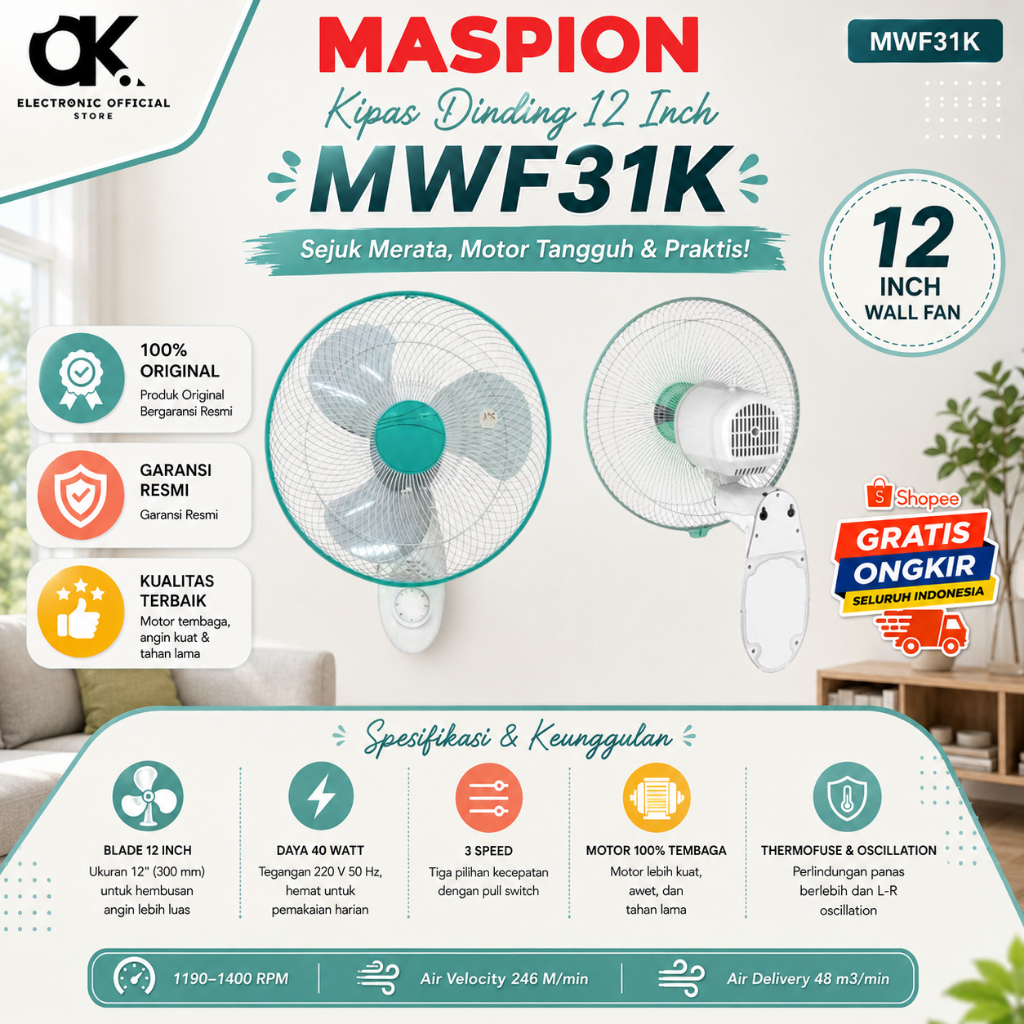 MASPION KIPAS ANGIN MWF 31K KIPAS DINDING PROMO/MWF31K/MWF-31K/MWF 31 K/ORIGINAL MASPION/GARANSI