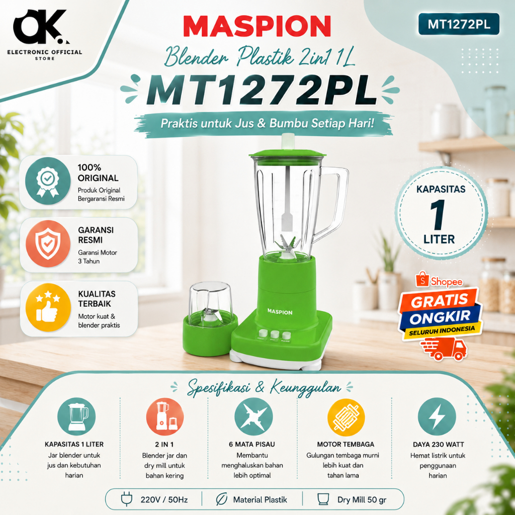 MASPION BLENDER 2IN1 MT 1272PL/Blender plastik 1Liter/MT1272PL/MT1272 PL/MT 1272PL/ORIGINAL/GARANSI