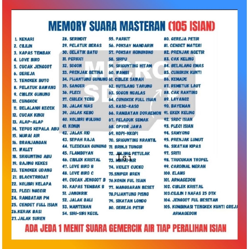 Memori Masteran Burung mp3 suara jernih mirip burung aslinya