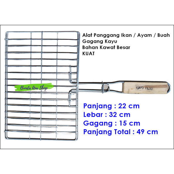 Panggangan Ikan Ukuran Jumbo Gagang Kayu Pemanggang daging ayam sate Alat panggang jepit buah Kuat b