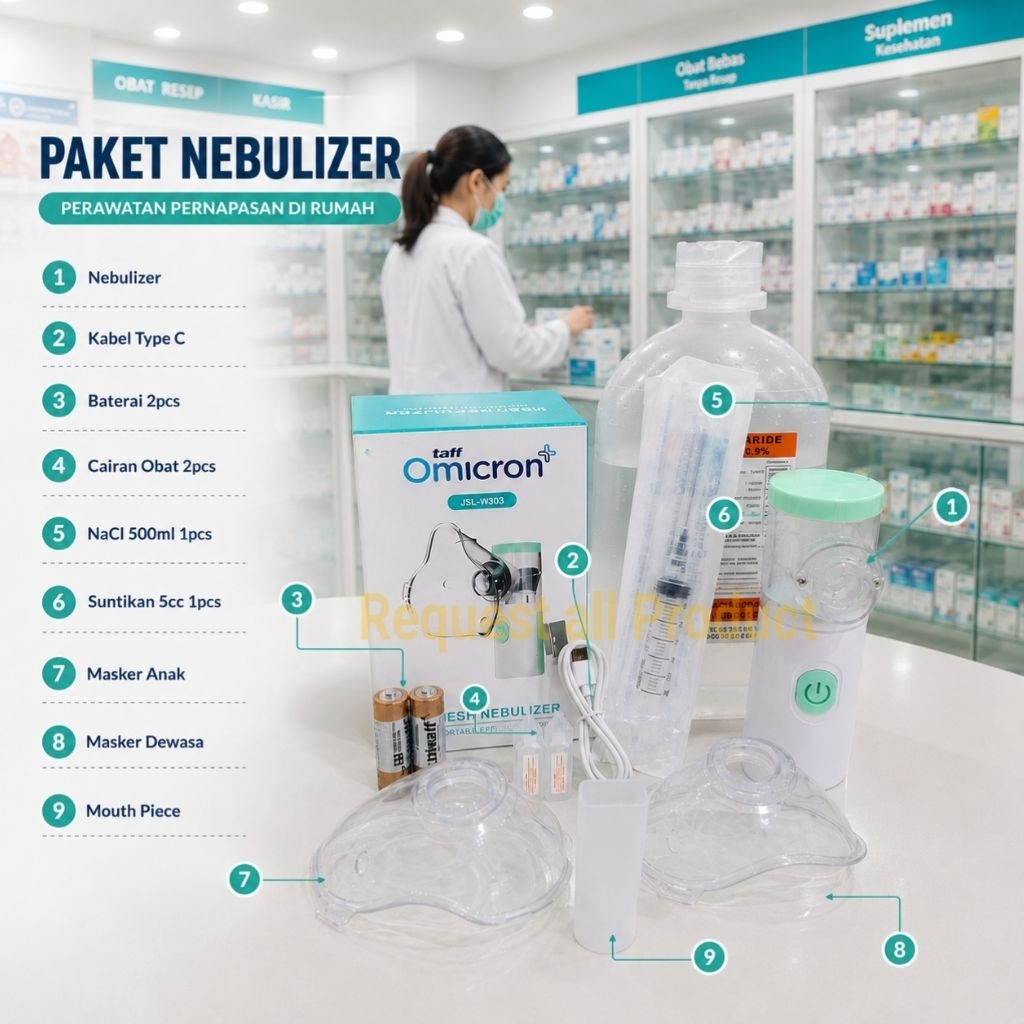 Nebulizer Paket Lengkap Nacl 500ml Air Obat 2pcs Alat Bantu Pernapasan Portable Uap Taff omicron Ori