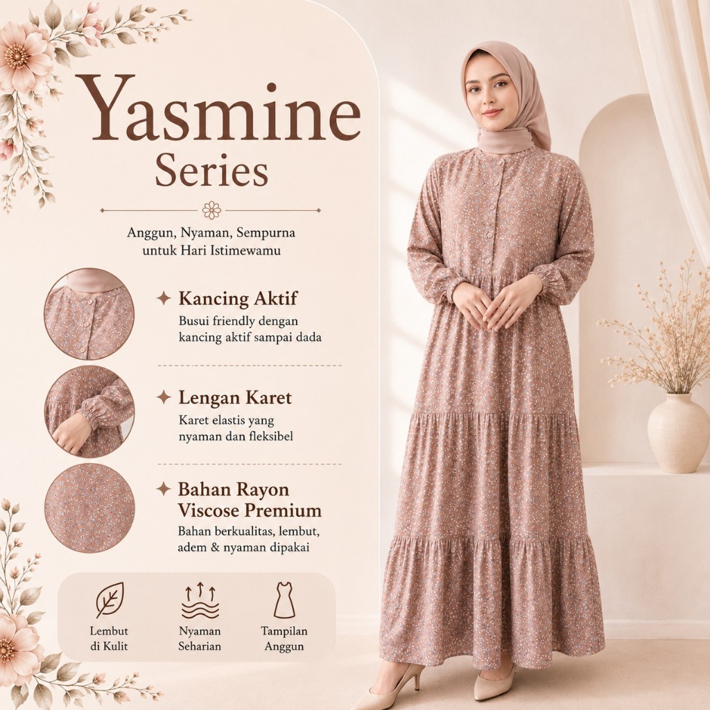 Gamis Dewasa Motif Yasmine Series By Gamisa.Id - Bahan Rayon Viscose Gamis Adem Nyaman Bisa COD