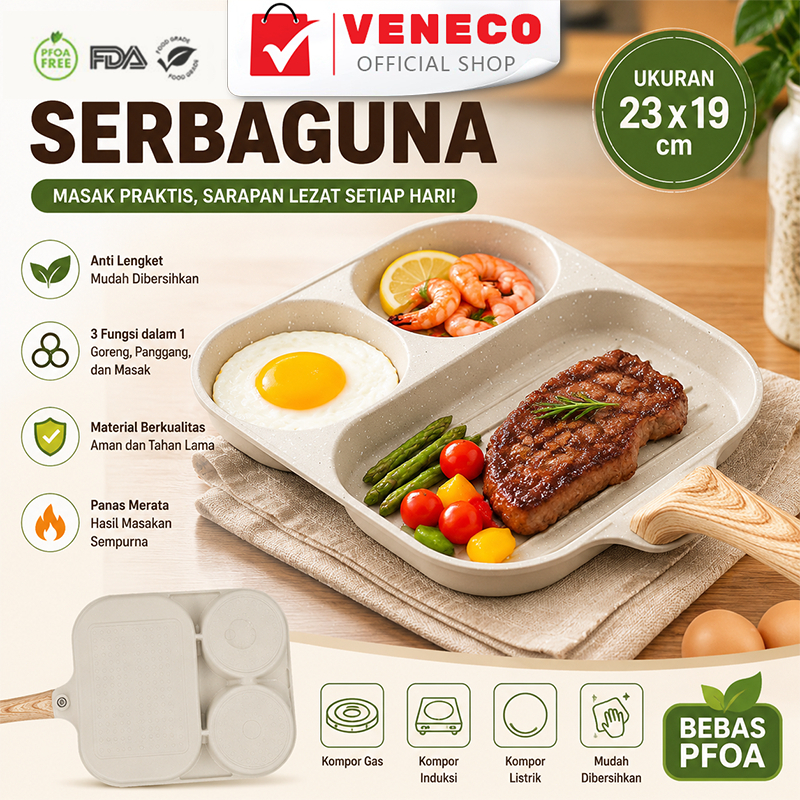 Teflon Omelet Wajan Sekat 3in1 Breakfast Pan Wajan Omlet goreng telur 23Cm