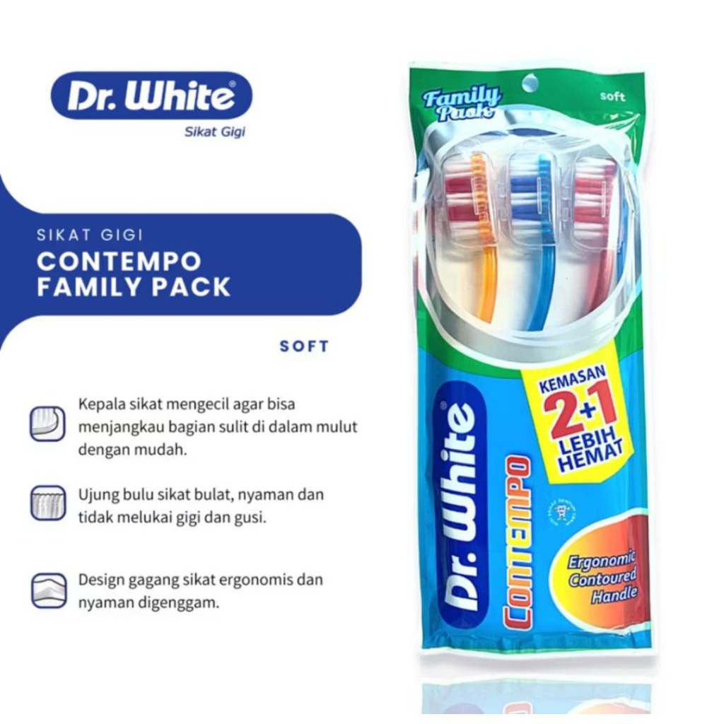 (3 Pcs) Sikat Gigi Dewasa Lembut / Toothbrush Dr. White Contempo Family Pack