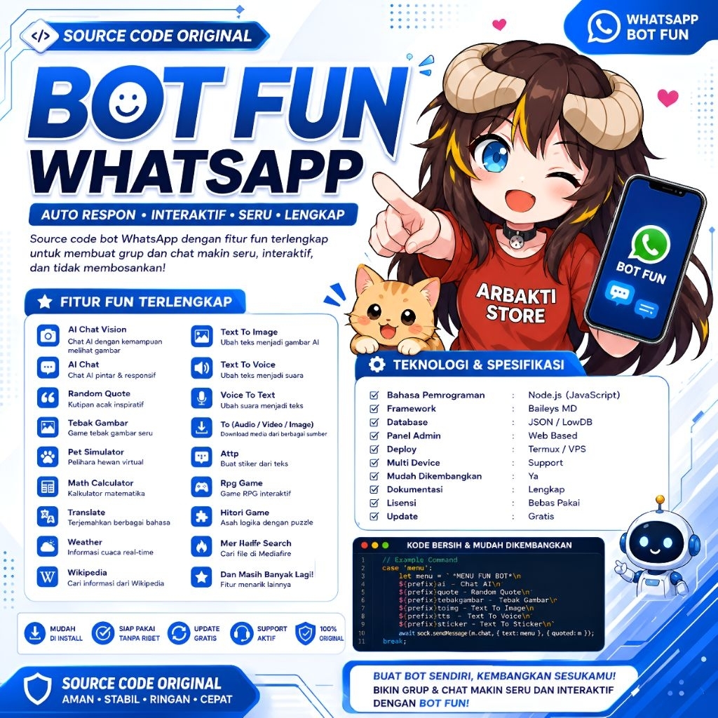 Source Code Bot Fun WhatsApp Multi Device | Bot WA JavaScript Baileys