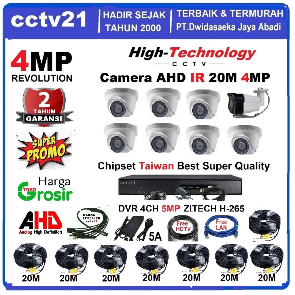 Paket Lengkap 8 Kamera IR 7+1-outdoor 4MP High Tech DVR 5MP+KABEL-160M Harga Promo  cctv21