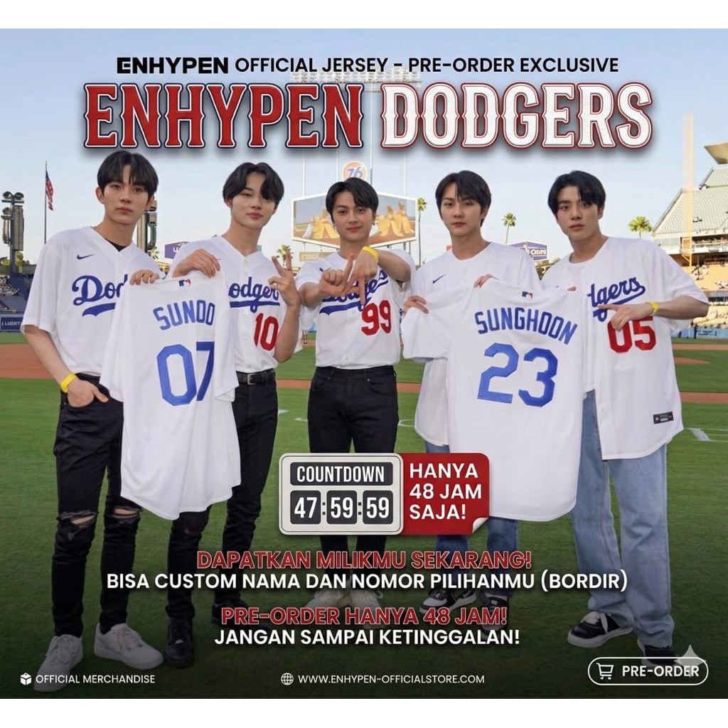 Jersey Baseball Enhypen Treasure x Dodgers Outerwear White Kancing Aktif - Custom Nama & Nomor - Bor