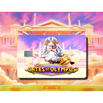Voucher Game Gates of Olympus Kartu Chip Motif Dewa Yunani Desain Grafis Warna Emas Ungu