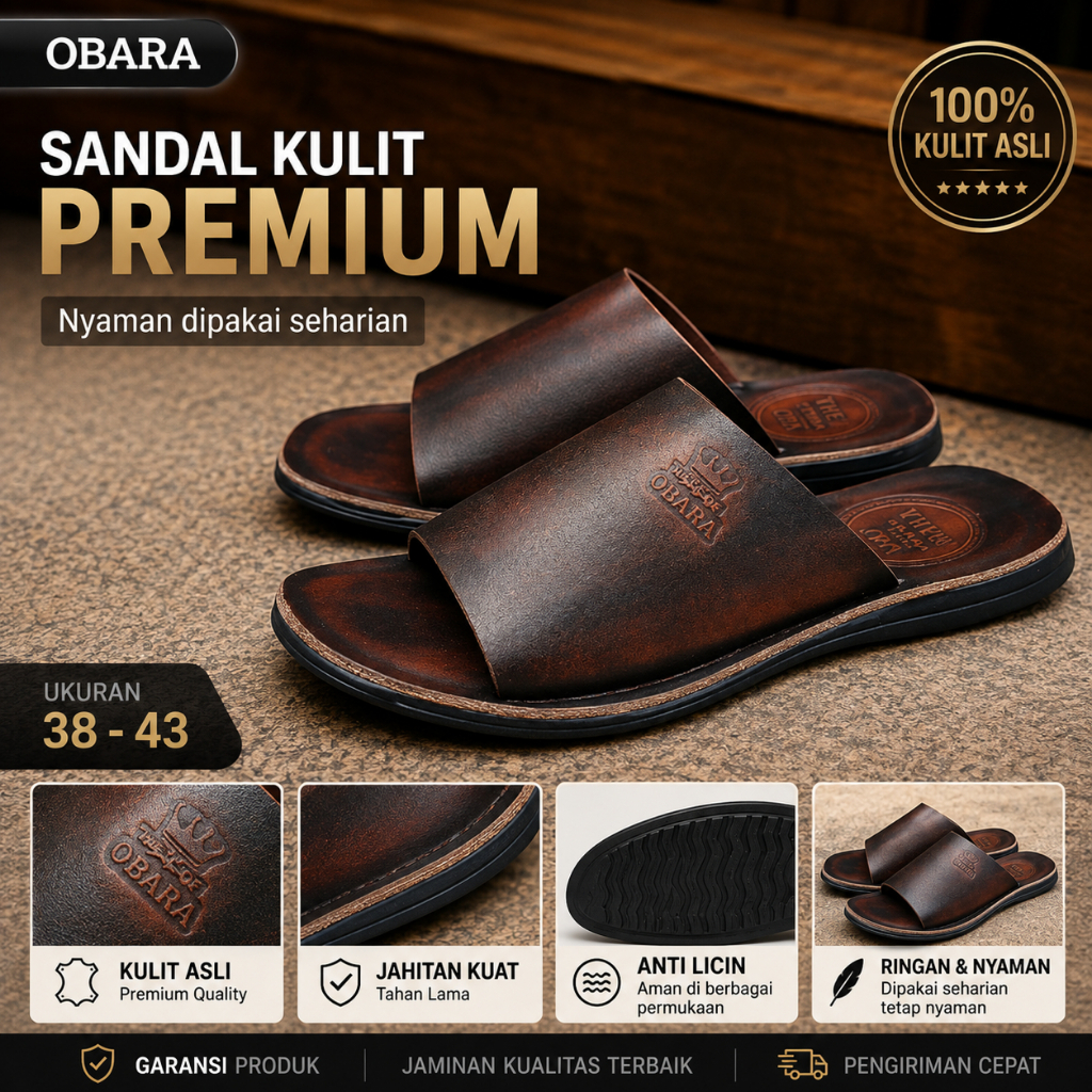 OBARA - Sandal Slop Pria | Sandal Slide | Kulit Asli | Warna Cokelat Tua, Hitam, Tan, Putih