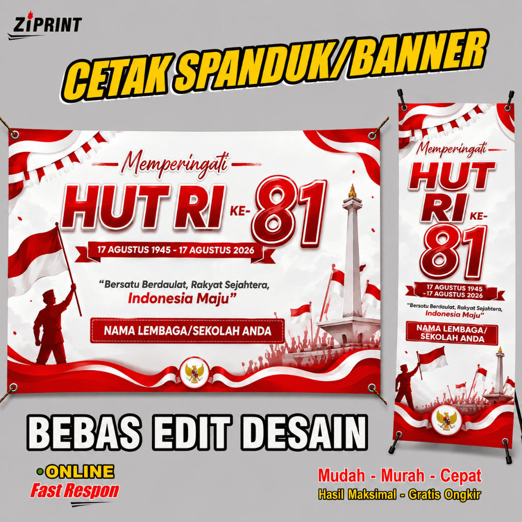 spanduk banner HUT RI Ke-81 custom nama lembaga/sekolah cetak banner spanduk baliho satuan grosir