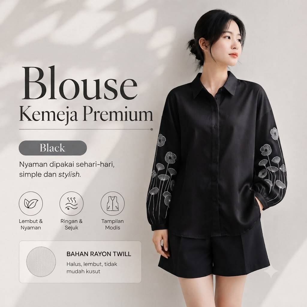 Kemeja Putih Wanita Bordir Bunga Lengan Balon Premium / Blus Kerja Korean Style Elegant