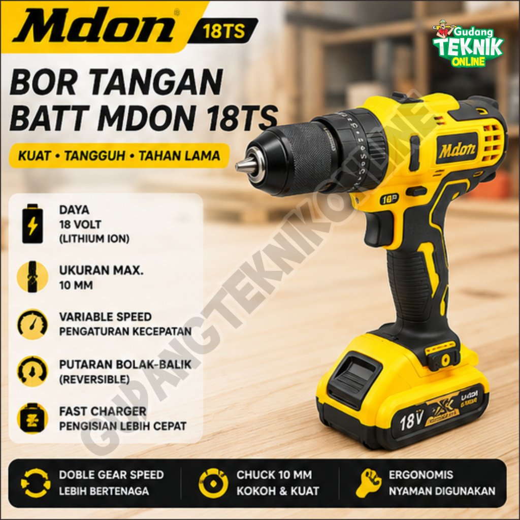 Cordless Drill 18TS 10mm 18Volt MDON / Mesin Bor Tangan BATERAI Besi Kayu Beton - Impact Drill MDON 