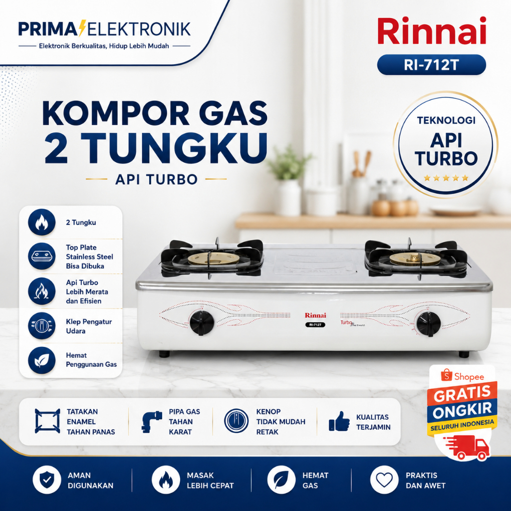 RINNAI KOMPOR GAS 2 TUNGKU RI 712 T/RI712T/RI 712T/RI712 T/RI-712T/RI-712 T/ORIGINAL RINNAI/GARANSI