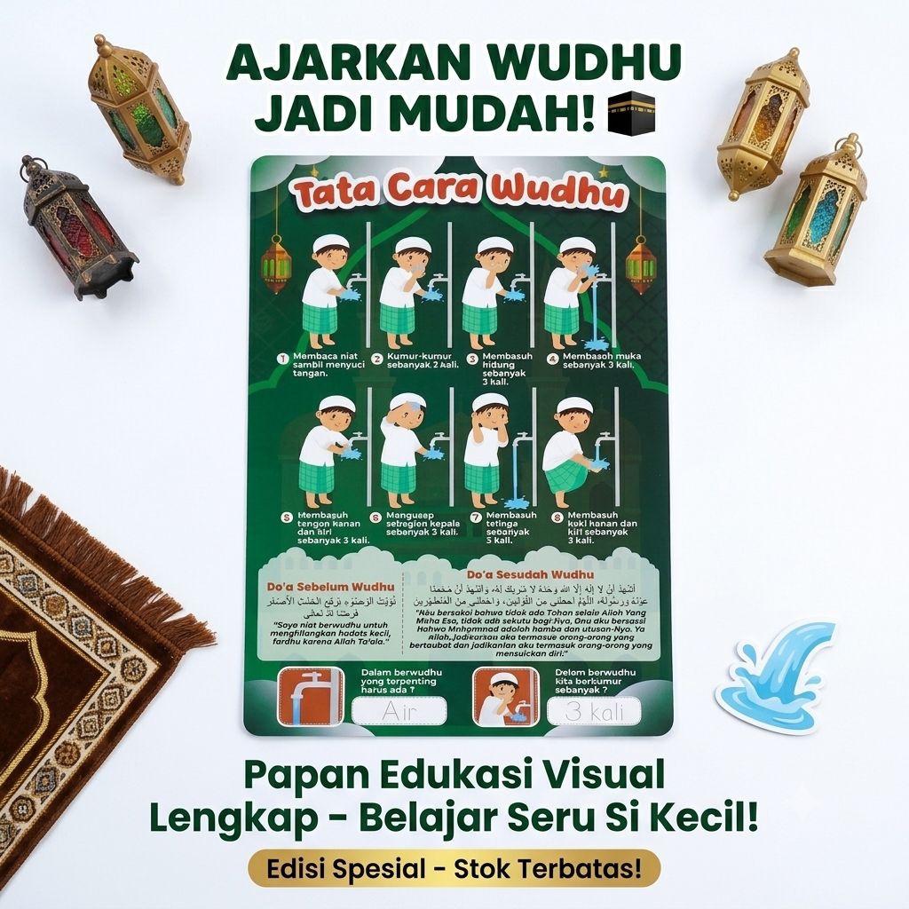 Poster Edukasi Tata Cara Wudhu Anak Lengkap Doa Sebelum Sesudah Wudhu / Papan Visual Belajar Sholat 