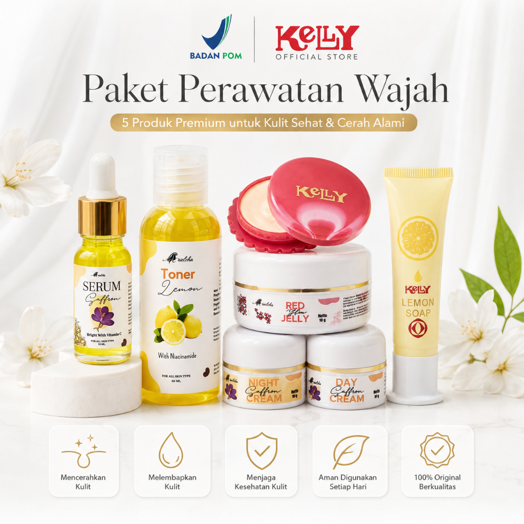 Paket Skincare Kelly Original BPOM 7in1 - Cream Siang Malam, Red jelly, Cream Kelly, Serum, Toner & 