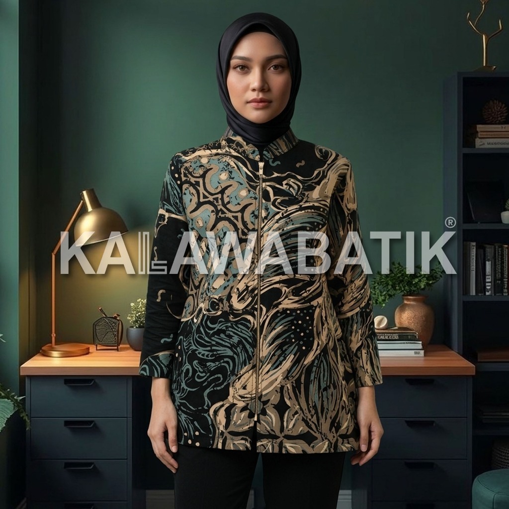 KALAWABATIK-Tunik Wanita-Motif Abstrak Air Warna Hitam Mint