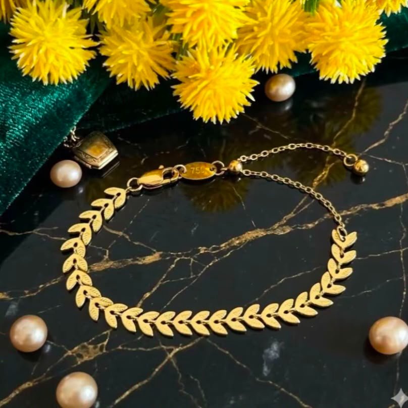 Gelang Serut Motif Daun Emas 750 Mewah & Fleksibel