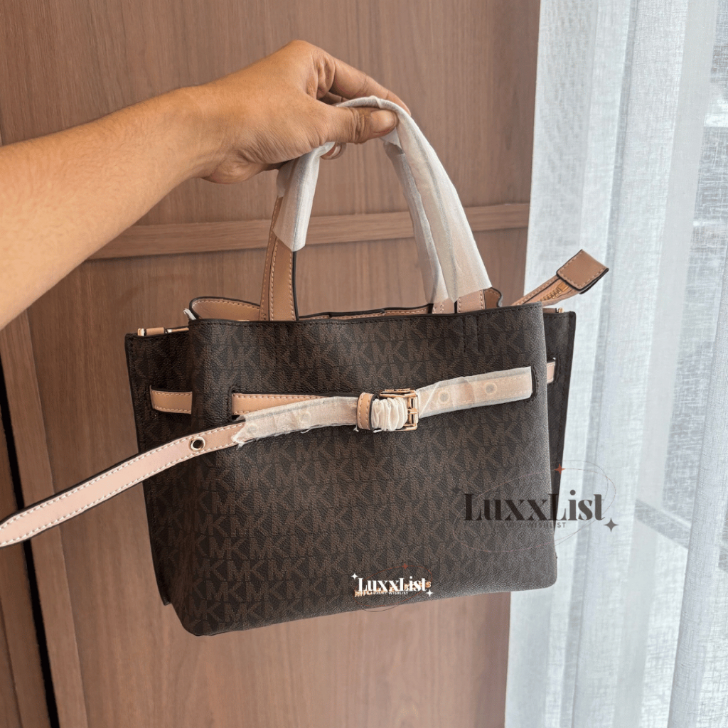 MK Emilia Small Logo Satchel in Brown and Powder Blush