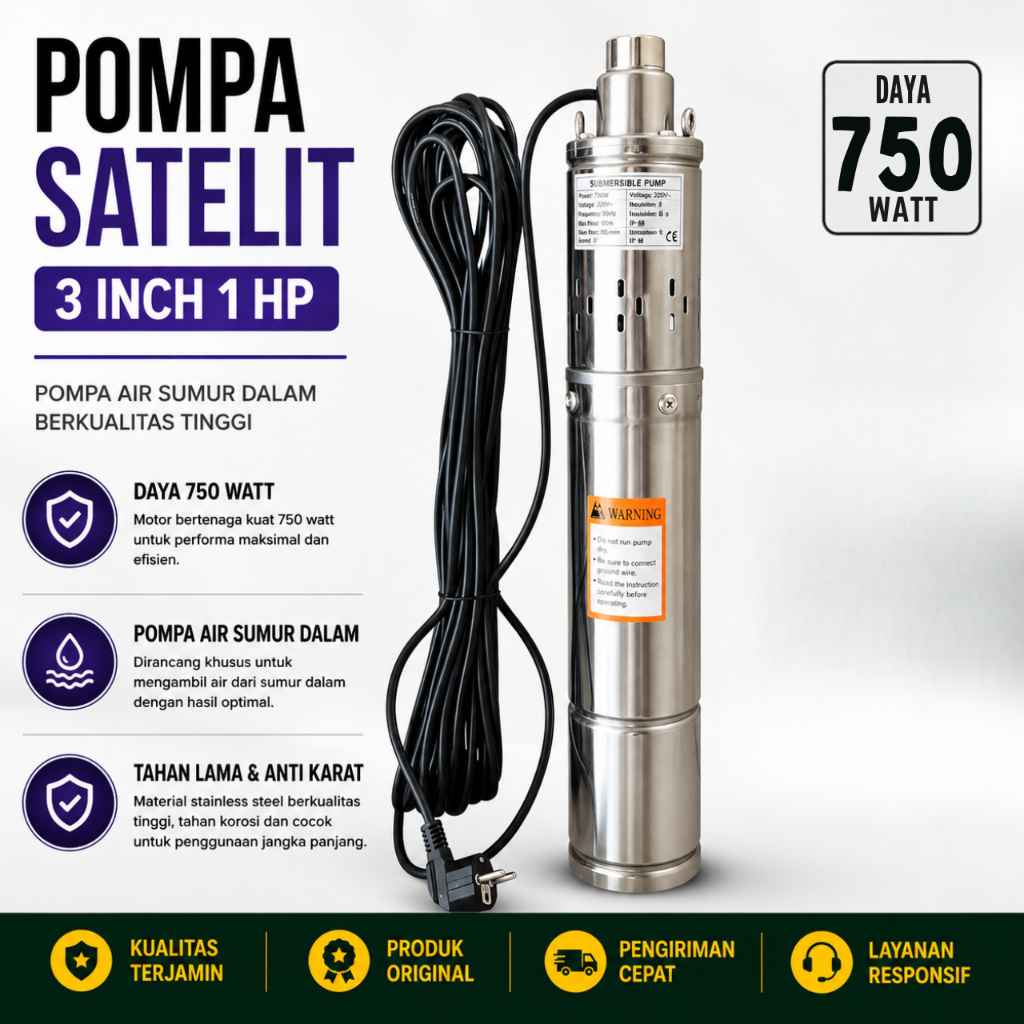 Pompa Sumur Satelit 3 Inch Pompa Sumur Bor Sibel 100 Meter Pompa Submersible Tanam 750 Watt