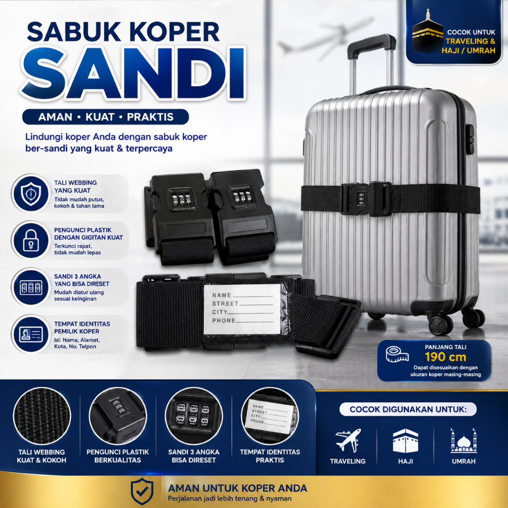 [TERMURAH] SABUK PENGAMAN KOPER SANDI, AMAN, KUAT, PRAKTIS, SIMPLE DAN ANTI RIBET TRAVELING, HAJI/UM