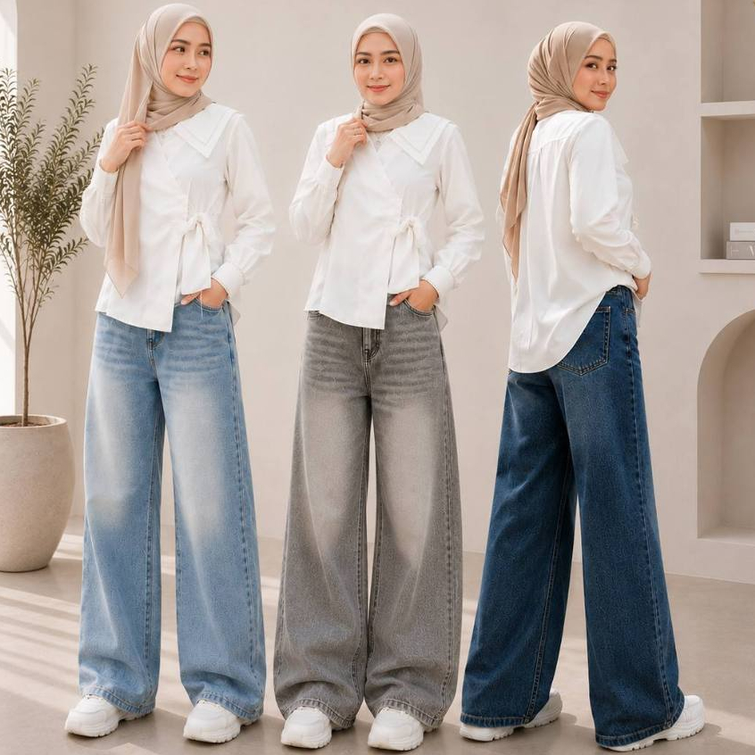 Highwaist Baggy Loose Jeans Wanita Jumbo Premium Stretch - Celana Jeans Baggy Highwaist Kekinian