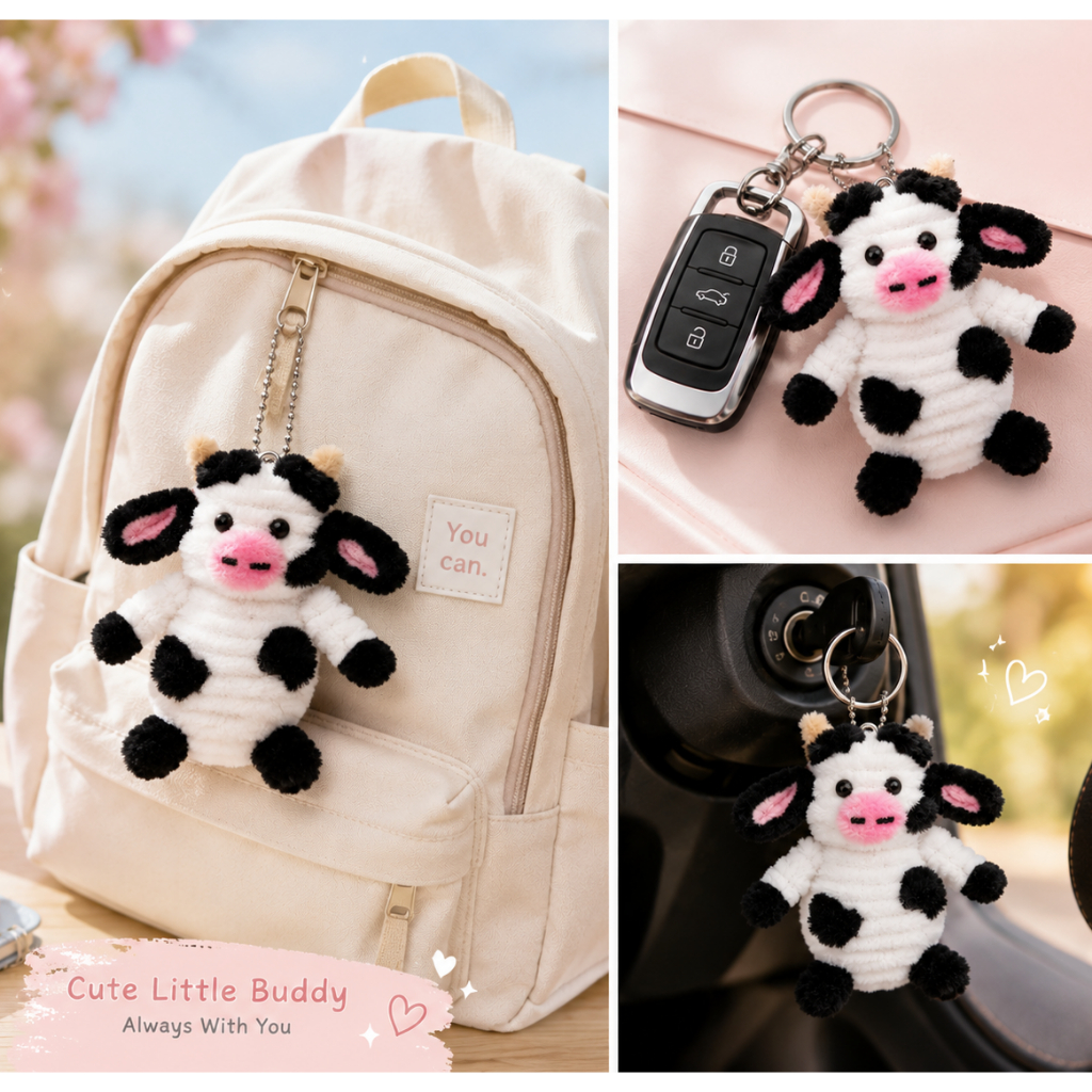 Gantungan Kunci Boneka Sapi Lucu Plush Mini Kawaii Soft Keychain Aksesoris Tas dan Kunci
