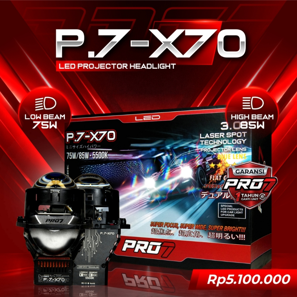 Lampu Projector Mobil PRO7 P7-X70 BiLED 75W/85W 3 Inch Blue Lens Laser 5500K