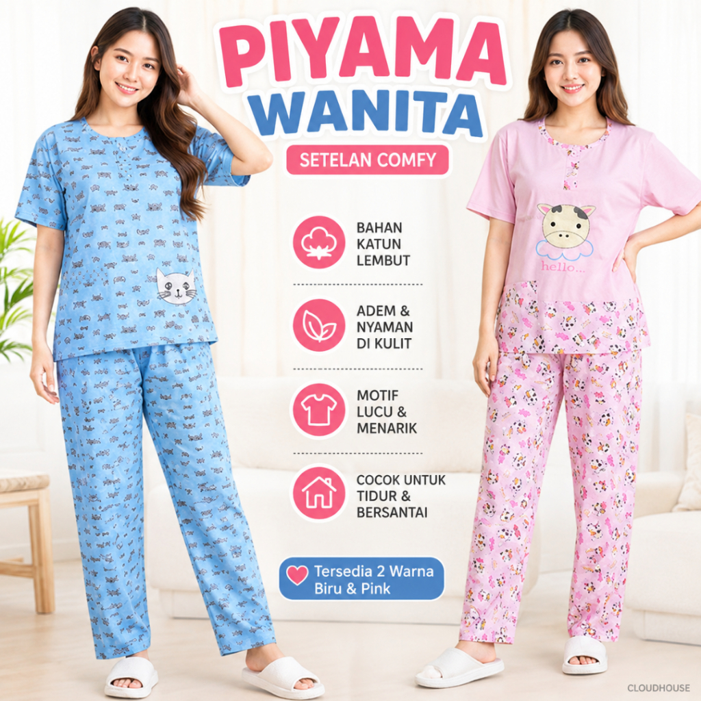 Setelan Piyama Wanita Sie Lie CP LD 106 cm Lengan Pendek Celana Panjang / Baju Tidur Bahan Kaos Prem