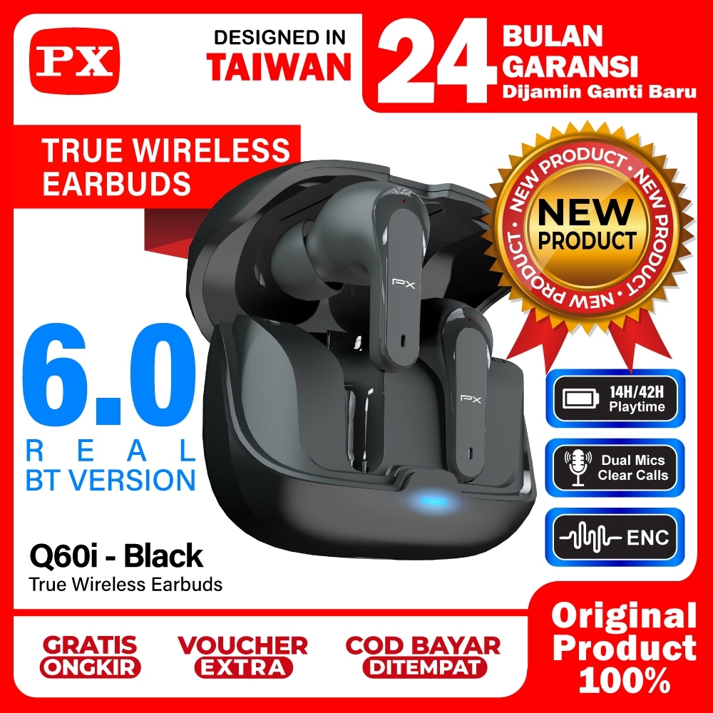 Headset TWS Earphone BT 6.0 Headphone Earbuds True Wireless PX Q60i - Black