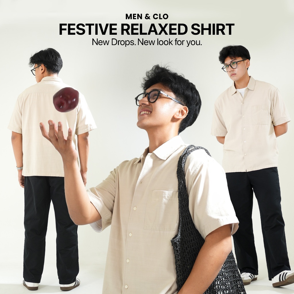 Men & Clo Festive Relaxed Shirt | Kemeja Pria Basic Lengan Pendek Oversized Katun Slub 73633