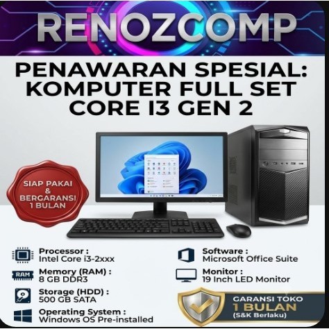 Komputer Full Set Core I3 Gen 2 dengan Monitor 19 Inch Ram 8 GB HDD 500 GB Win 10 & Office Second Be